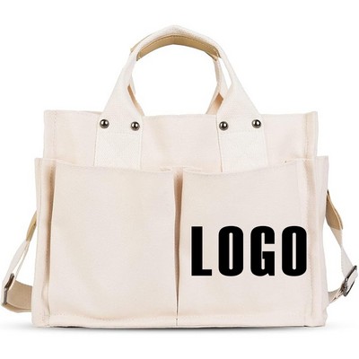 Soft Cotton Canvas Multi Pocket Tote Bag w/Snap Closure